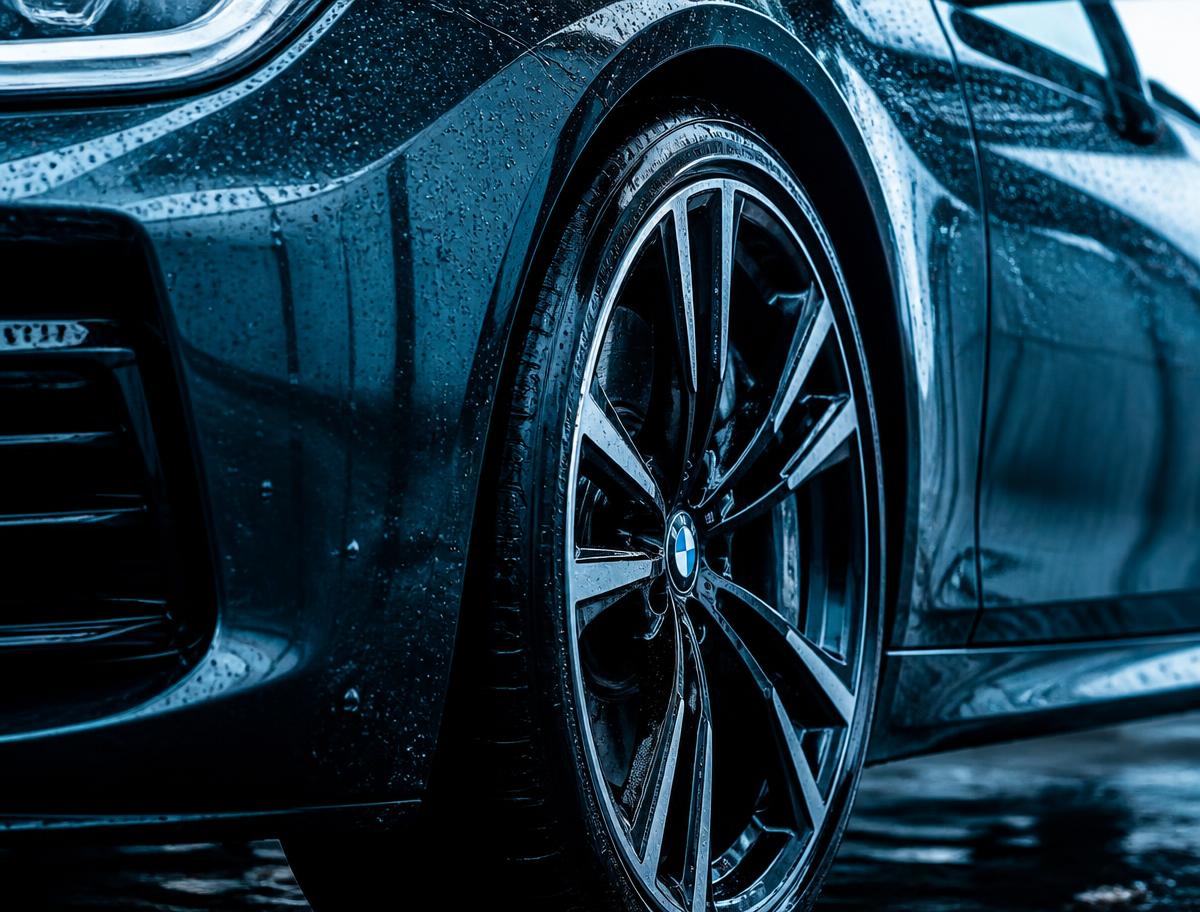 Freshly washed car exterior with beaded water droplets